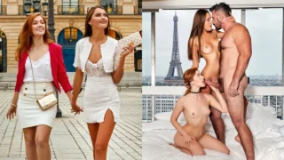 Dos chicas sexys desnudas taladradas en París con una hermosa vista de la Torre Eiffel