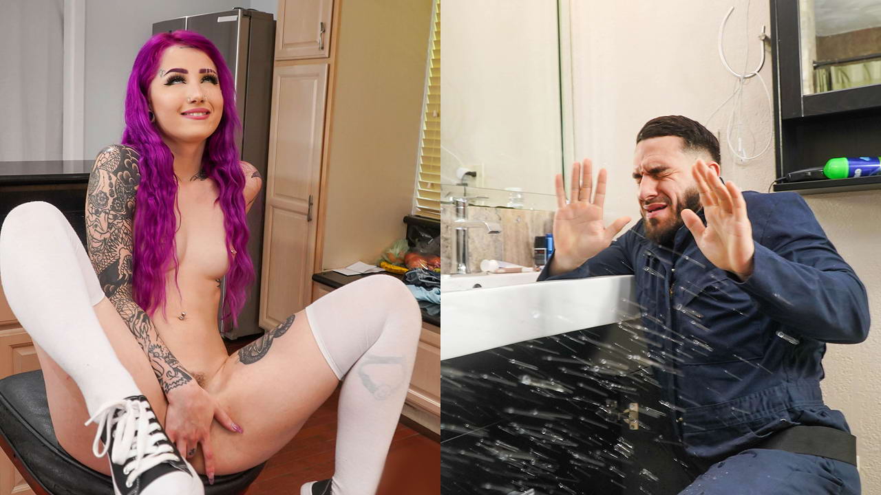 Chica desnuda eyacula sobre su fontanero que termina follándose hasta los huesos