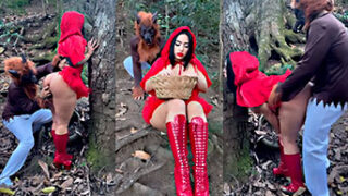 Yen la China vestida de caperucita roja singando en el monte